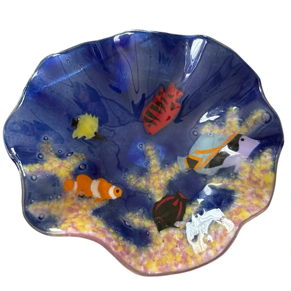Vintage Maui Fused Glass Tropical Fish Scalloped Edge Bowl Plate